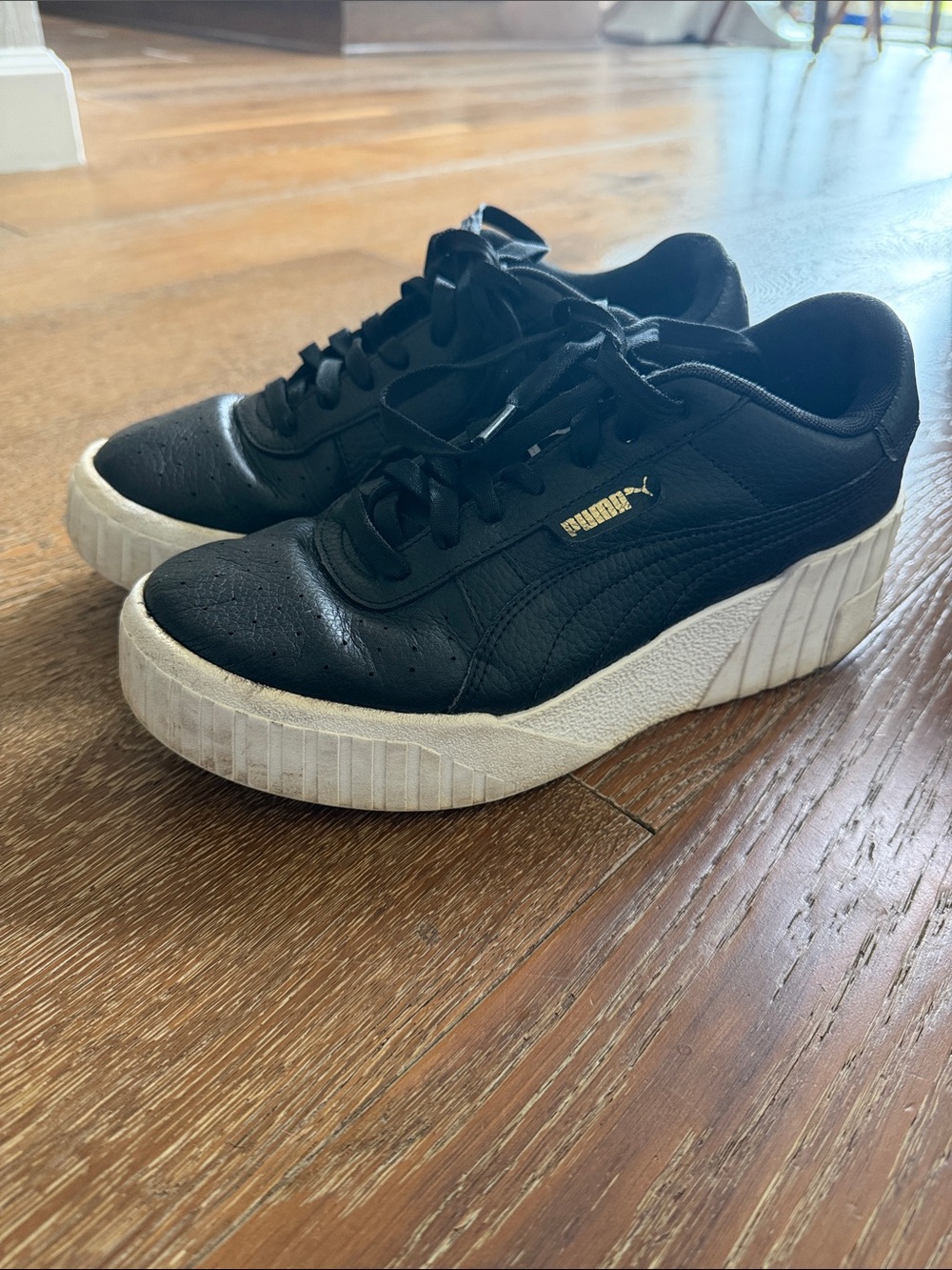 Puma Black Leather Platform Sneakers with White Sole
